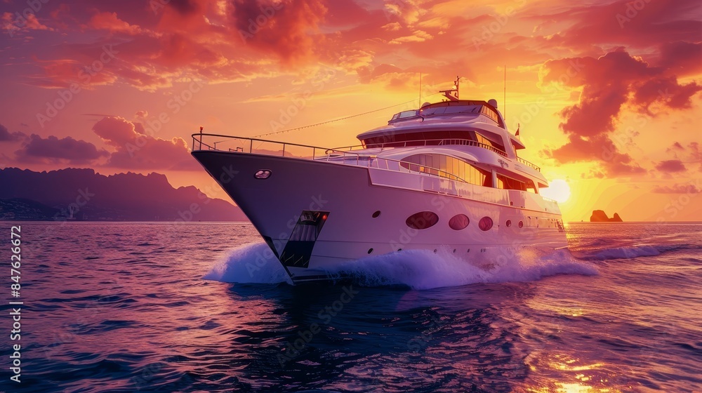 Luxury cruise ship at sunset near island and mountains, wide banner seascape with text space Luxury cruise ship at sunset near island and mountains, wide banner seascape with text space