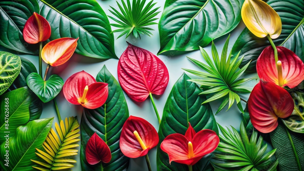 Naklejka premium A collection of various tropical leaves and bright anthurium flowers with an open area for text