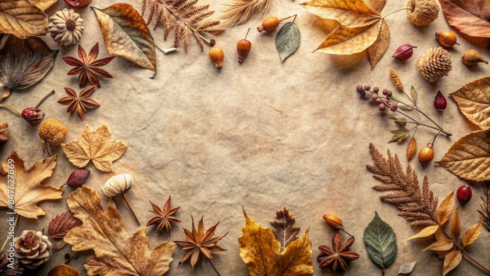 Fototapeta premium Create serene top-view paper dried foliage textured background ample text space capture nature's tranquility