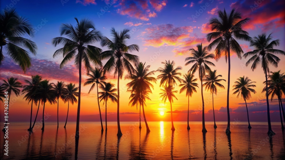 A tropical sunset with silhouettes of palm trees and a clear horizon for text A tropical sunset with silhouettes of palm trees and a clear horizon for text