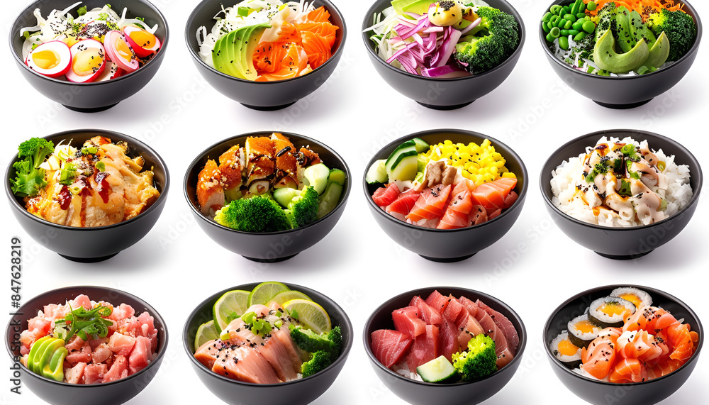Collage of different poke bowls isolated on white Collage of different poke bowls isolated on white
