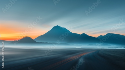 Long Exposure Sunrise Mountain Scape. Soft Focus, Motion Blur on the Foreground because of long exposure shot. 