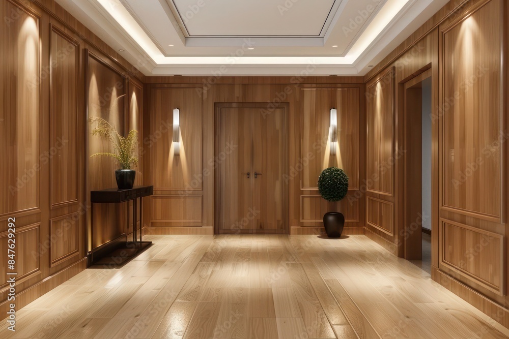 Fototapeta premium Modern Entrance Hall Design with Spacious Layout, Wooden Wall Panels, and Stylish Door for Interior Inspiration