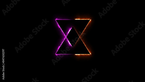 Abstract glowing neon triangle border frame illustration on black background.