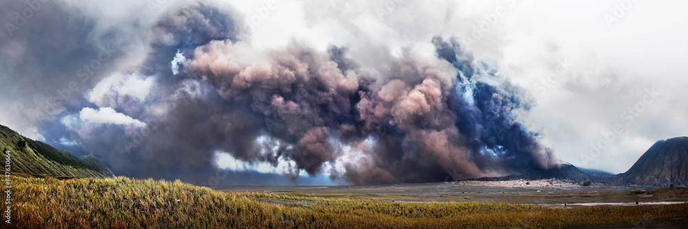 volcano eruption emits thick smoke from inside the crater during the day, landscape volcano eruption emits thick smoke from inside the crater during the day, landscape