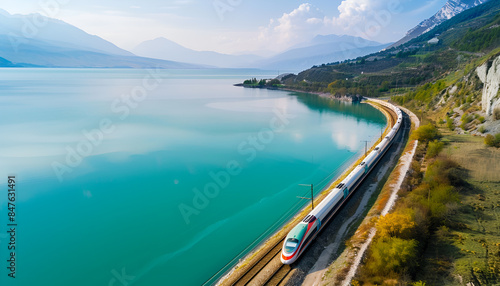 high speed train passes by a lake. Aerial high view