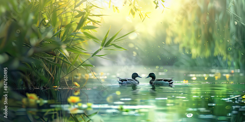 ducks on the lake, Ducks Swimming in Pond Serene blurred background image of ducks swimming gracefully in a pond, surrounded by trees and water lilies photo