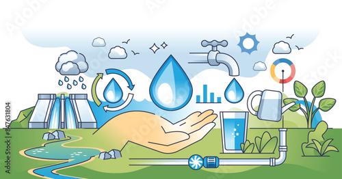 Water management and sustainable rain resource usage outline hands concept. Environmental and green rainwater collection with used water treatment, filtration and purification vector illustration.