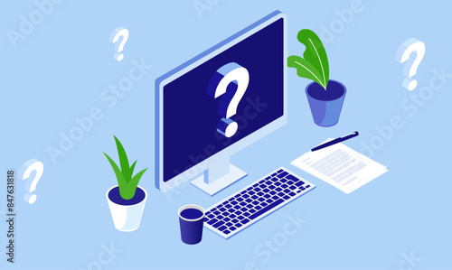 Question mark on computer screen - Desktop PC with problem and questions. Technical data issue and trouble concept, vector illustration in flat design isometric perspective view