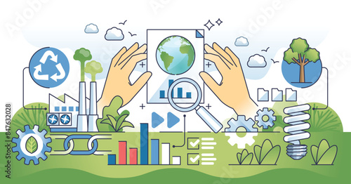 Sustainability reporting and business ESG planning outline hands concept. Environmental manufacturing management with social governance and nature friendly CO2 emission principles vector illustration