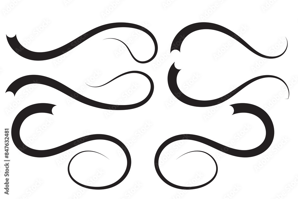 Set of Swoosh and swoop underline typography tails shape in flat styles. Swoosh line vector, underline swish, stroke swash swirl, Brush drawn curved smear. Hand drawn curly swishes, swash, twiddle. Set of Swoosh and swoop underline typography tails shape in flat styles. Swoosh line vector, underline swish, stroke swash swirl, Brush drawn curved smear. Hand drawn curly swishes, swash, twiddle.