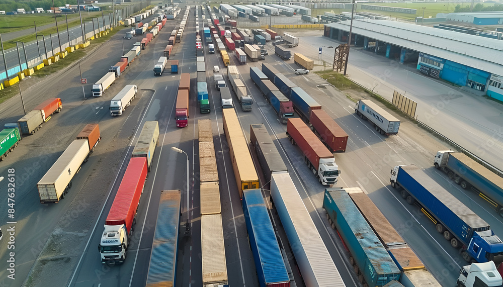 Cargo trucks, border crossings. Aerial high view Cargo trucks, border crossings. Aerial high view