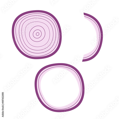 Icon red onion sliced with rings. Design element of eating for the menu, top view. Vector icon. Portion slices red bow.