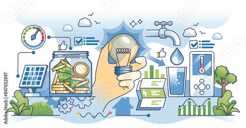Utility bill savings to reduce financial expenses outline hands concept. Calculate budget for electricity, water, heating and power usage vector illustration. Economical benefits from green energy.