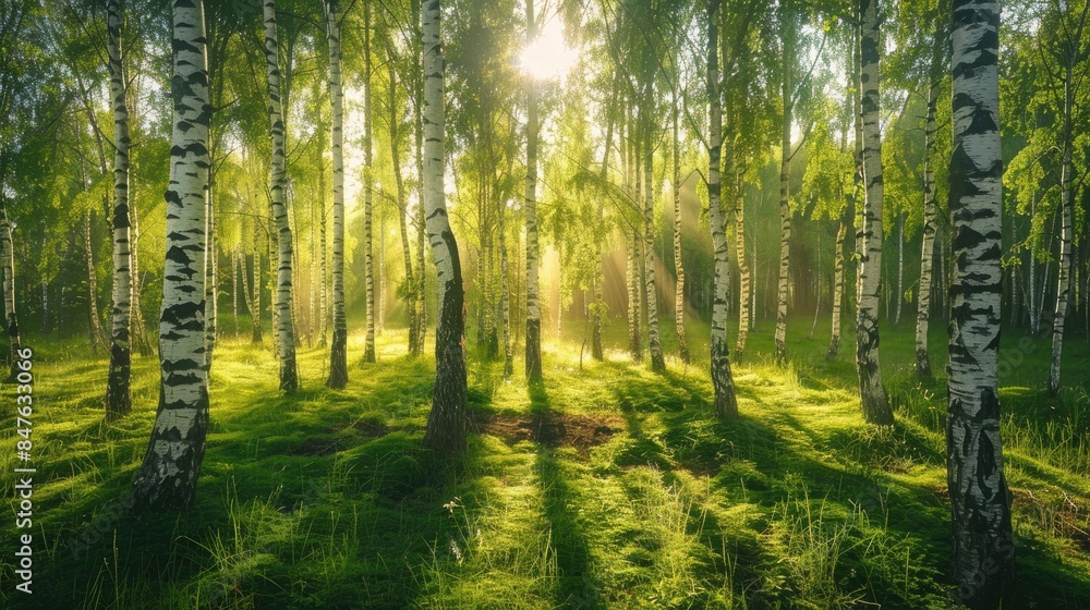 Obraz premium Birch Grove in Green Forest Bathed in Sunlight on a Summer Day