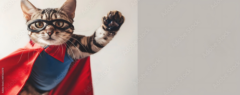 Fototapeta premium Adorable kitten dressed as a superhero with a red cape and mask jumping in mid-air against a neutral background with copy space for text.