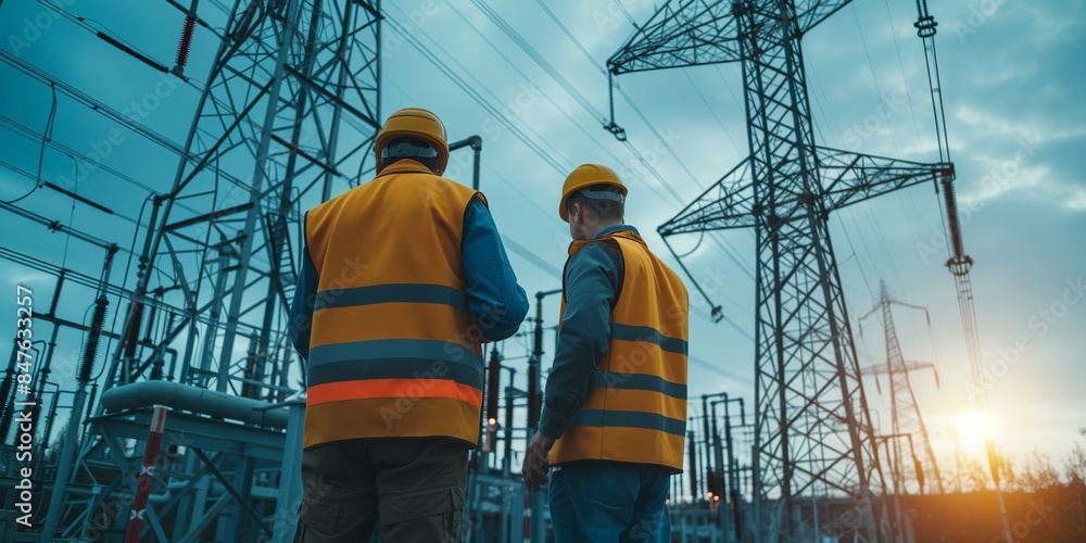 Two engineers wearing safety vests, hard hats stand in front of a high-voltage electrical substation. tall electricity pylons and power lines at twilight sky background. industrial work and teamwork Two engineers wearing safety vests, hard hats stand in front of a high-voltage electrical substation. tall electricity pylons and power lines at twilight sky background. industrial work and teamwork