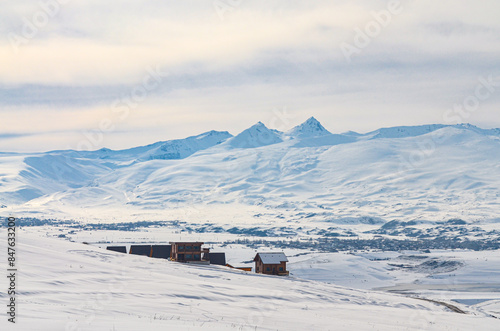 snowy Mount Aragats and Kasakh river valley scenic view from Myler Mountain resort (Yeghipatrush, Armenia)