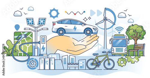 Sustainable transportation with alternative car power outline hands concept. Hybrid vehicles for environmental and nature friendly future vector illustration. Clean mobility options without emissions