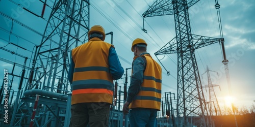 Two engineers wearing safety vests, hard hats stand in front of a high-voltage electrical substation. tall electricity pylons and power lines at twilight sky background. industrial work and teamwork