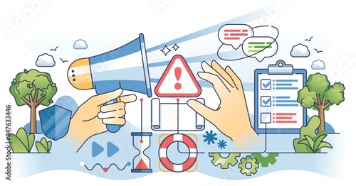 Crisis communication and corporate PR management outline hands concept. Emergency situation message with problem solution and fast response vector illustration. Business reputation recovery.