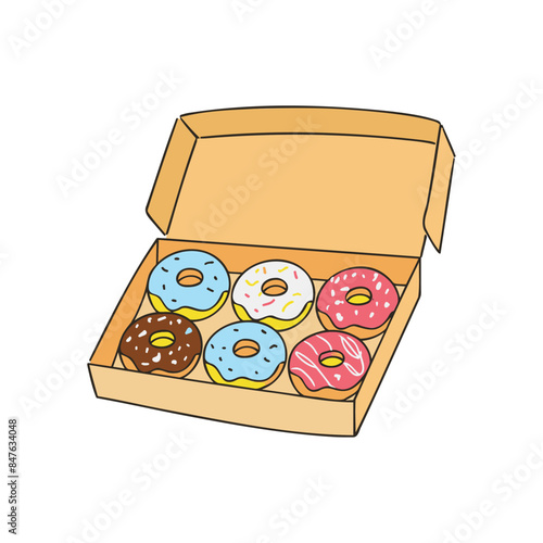 Illustration of 6 donuts with different toppings in an open box packaging
