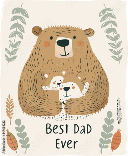 Cute Bear Holding Up His Baby Happy Fathers Day Card Vector.
