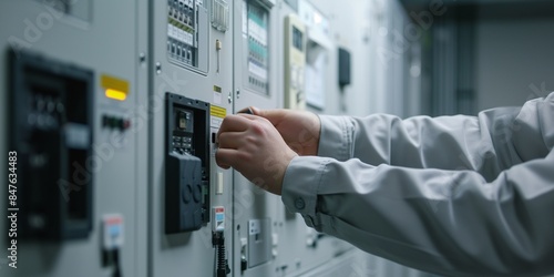 A close-up of an electrical technician's hands working on a circuit board in a control panel. the detailed, precise work required in electrical maintenance and repair