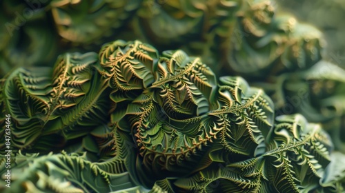 The image is an abstract 3D rendering of a green plant-like structure with a bumpy surface. The plant appears to be growing in a dense cluster. photo