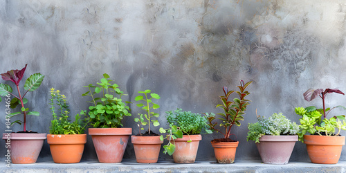  potted plants lined up neatly along a wall, each plant in a small pot, varying in types and colors. © Saim