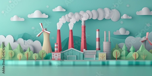 power plant Illustration with smokestacks, wind turbines, and a picturesque landscape of hills and trees. A mix of industrial and natural elements in a paper cutout style. electric and energy industry