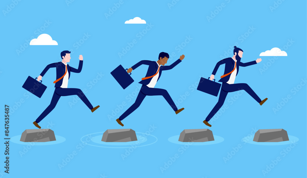 Business challenges - Team of businesspeople facing adversity risk and difficulty, jumping over obstacles with determination and will power. Corporate problem concept in vector illustration design Business challenges - Team of businesspeople facing adversity risk and difficulty, jumping over obstacles with determination and will power. Corporate problem concept in vector illustration design