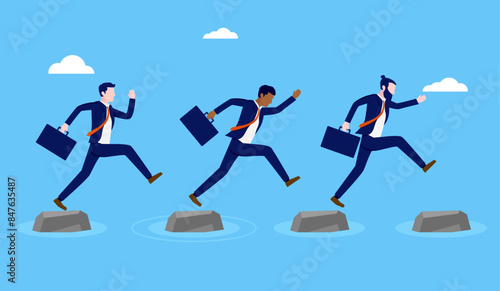 Business challenges - Team of businesspeople facing adversity risk and difficulty, jumping over obstacles with determination and will power. Corporate problem concept in vector illustration design