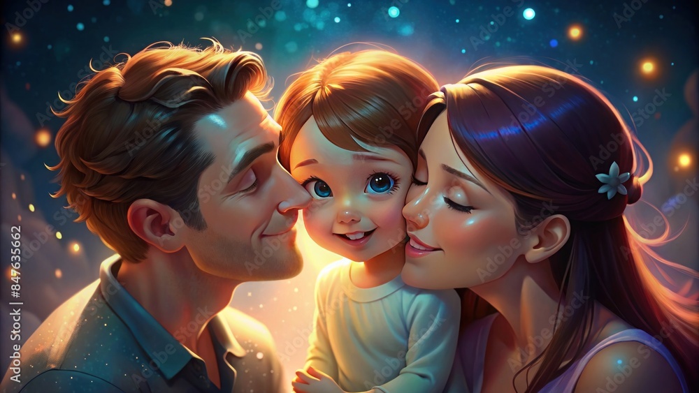 A mother and father each kissing one cheek of their smiling child. A mother and father each kissing one cheek of their smiling child.