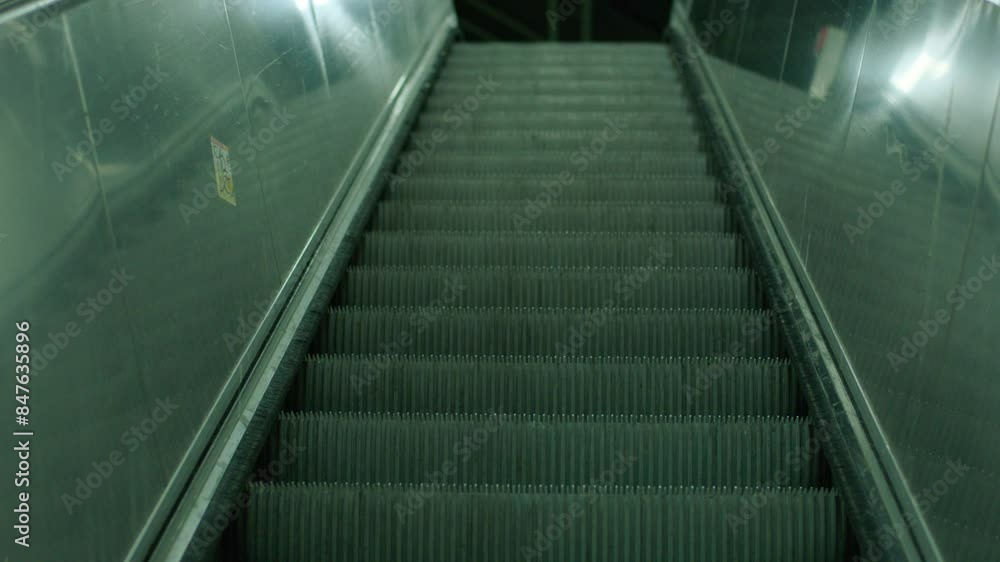 Empty escalator in a quiet, dimly lit metro station, conveying a sense of stillness and urban solitude, reflective surfaces Empty escalator in a quiet, dimly lit metro station, conveying a sense of stillness and urban solitude, reflective surfaces