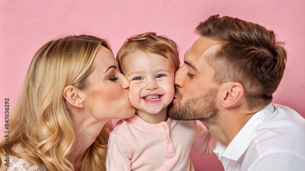 A mother and father each kissing one cheek of their smiling child. A mother and father each kissing one cheek of their smiling child.