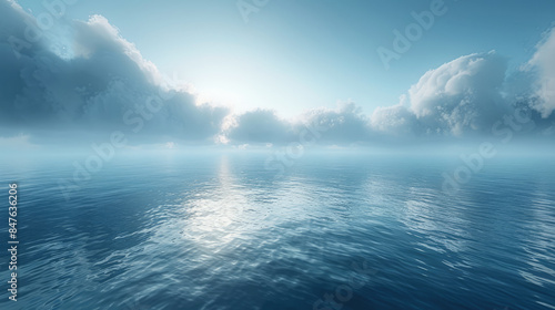 Calm at sea. Blue sky with clouds over flat surface of water. Fog over the water. Blue background.