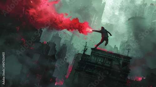 A man on a rooftop holds a red flare, sending a signal amidst a dystopian cityscape shrouded in smoke and fog.