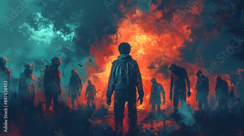 A lone survivor stands before a fiery background, confronting a horde of zombies with glowing eyes in a post-apocalyptic setting.