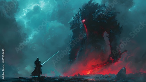 A lone warrior with a glowing sword faces a gigantic, fiery monster amidst a dark, stormy landscape, ready for battle.