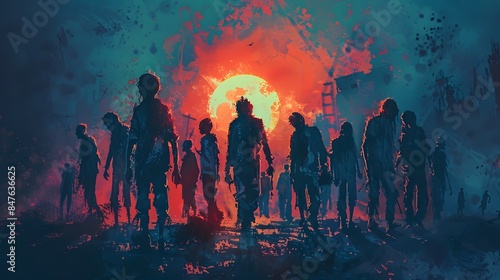 A menacing horde of zombies silhouettes against a fiery, apocalyptic sunset, creating an intense, eerie atmosphere.