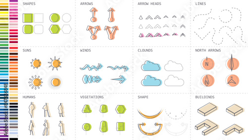 architecture site analysis symbol icon element drawing graphic flat isolated vector. architecture element line sun wind sound sun path vegetation.