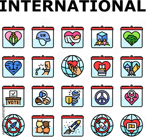 international holiday day icons set vector. girl child, peacekeepers, midwife, cooperatives, forests, seafarer, victims slavery international holiday day color line illustrations