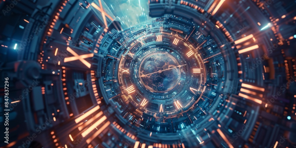 Obraz premium Time travel technology background with clock and time machine concept that can turn clock hands. Jump into a time portal within a few hours. Travel in time and space. Time travel fantasy. Simple wallp