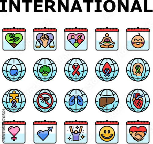 international day holidays icons set vector. family children, tolerance and yoga, water food, cancer diabetes, mental health international day holidays color line illustrations