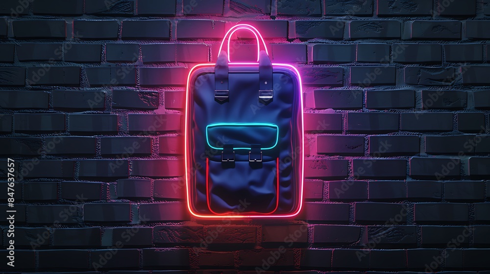 Cooler bag neon icon with glowing neon colorful lighting on black brick wall Cooler bag neon icon with glowing neon colorful lighting on black brick wall