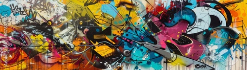 Vibrant urban graffiti mural showcasing a mix of colors and abstract shapes. Street art composition with dynamic patterns and textures.