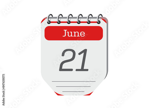 21 june creative calendar reminder page vector. Retro 3d one day calendar date appointment, deadline, event reminder illustration. Abstract red three dimensional daily date calendar. 