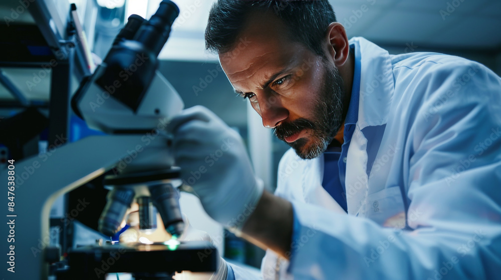 Portrait of a scientist looking through a microscope while working on medical research in a scientific laboratory. Portrait of a scientist looking through a microscope while working on medical research in a scientific laboratory.