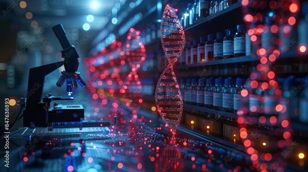 A microscope, a DNA strand with cellular structures surrounding a microscope on a dark background. A microscope, a DNA strand with cellular structures surrounding a microscope on a dark background.